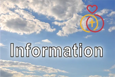 Himmel mit Wolken, dem Logo von Marriage Encounter und der Aufschrift "Informationen"