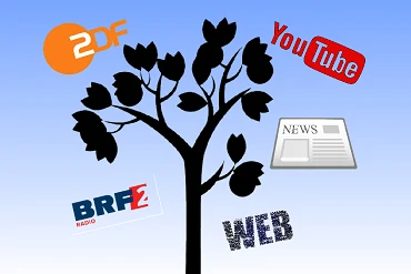 Baum mit verschiedene Symbole für Radio, Fernsehn und Internet auf blauem Hintergrund