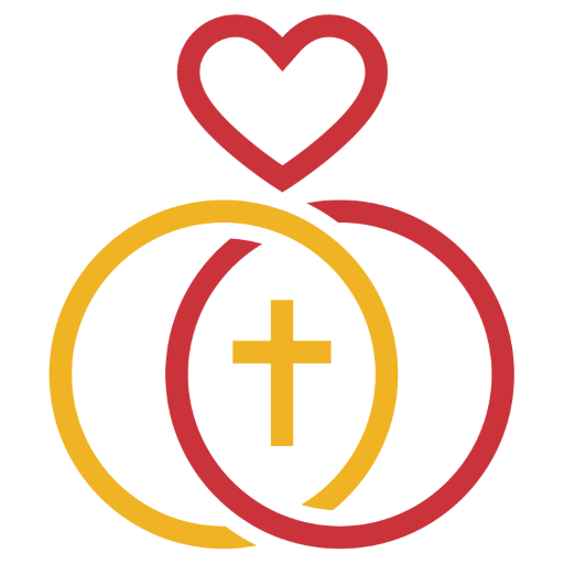 Logo von Marriage Encounter. Ein rotes Herz, zwei Ringe, einer gelb, der andere rot, da wo sich die Ringe überschneiden ist ein gelbes Kreuz