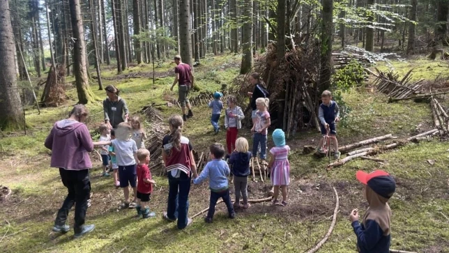 Kinder auf dem Walderlebnisspielplatz des Feriendorfes